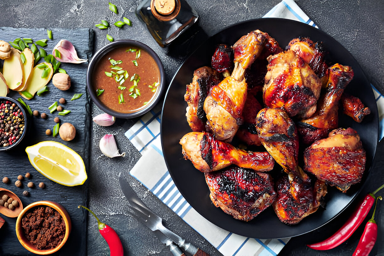 A plate of grilled chicken drumsticks accompanied by various spices and herbs on a dark textured surface.