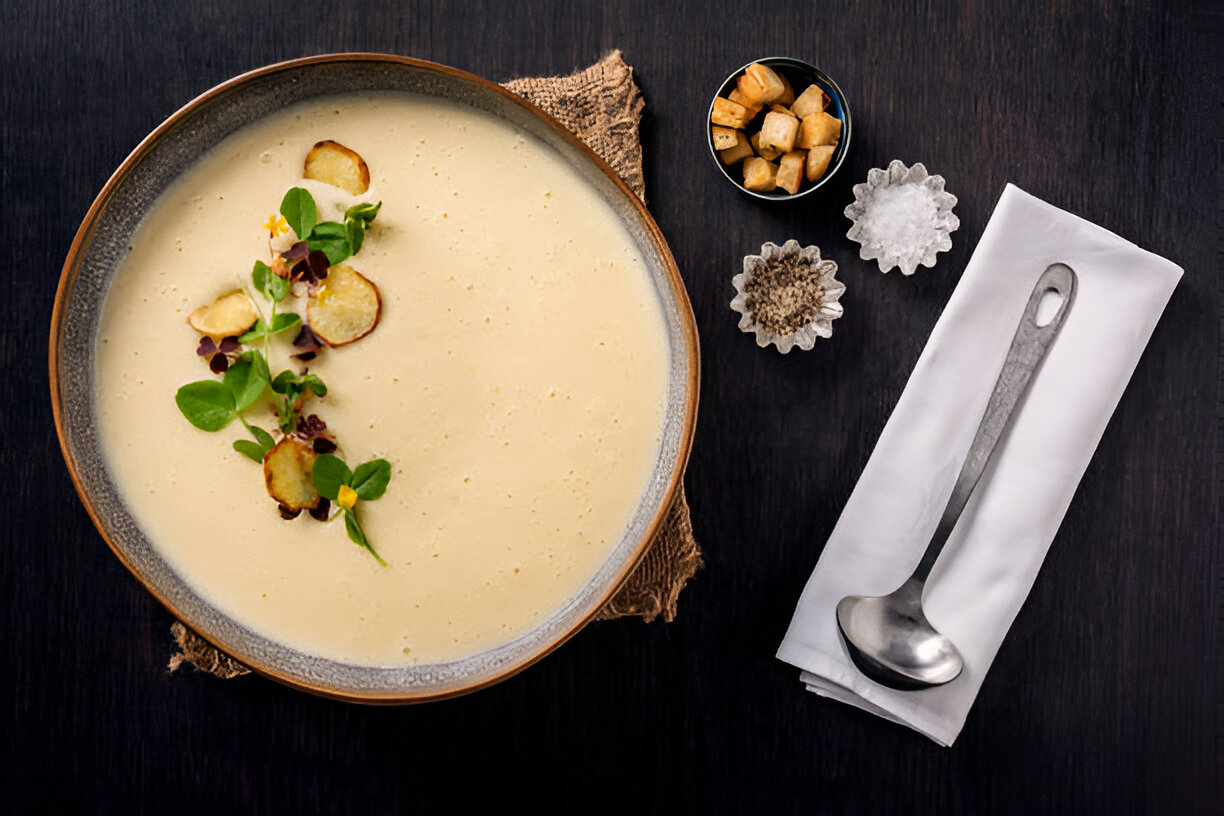 A bowl of creamy soup garnished with herbs and fried potato slices, accompanied by condiments.