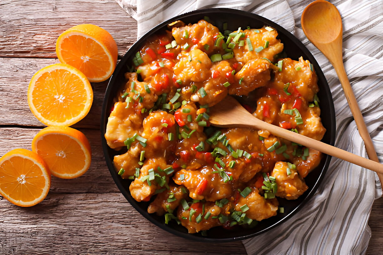 A delicious serving of orange chicken garnished with chopped green onions, served in a black bowl with a wooden spoon, alongside halved oranges.