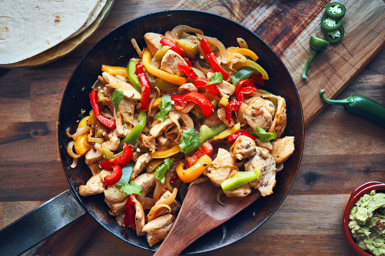 A vibrant stir-fried chicken dish with colorful bell peppers and fresh cilantro, served in a skillet with tortillas and jalapeños on the side.