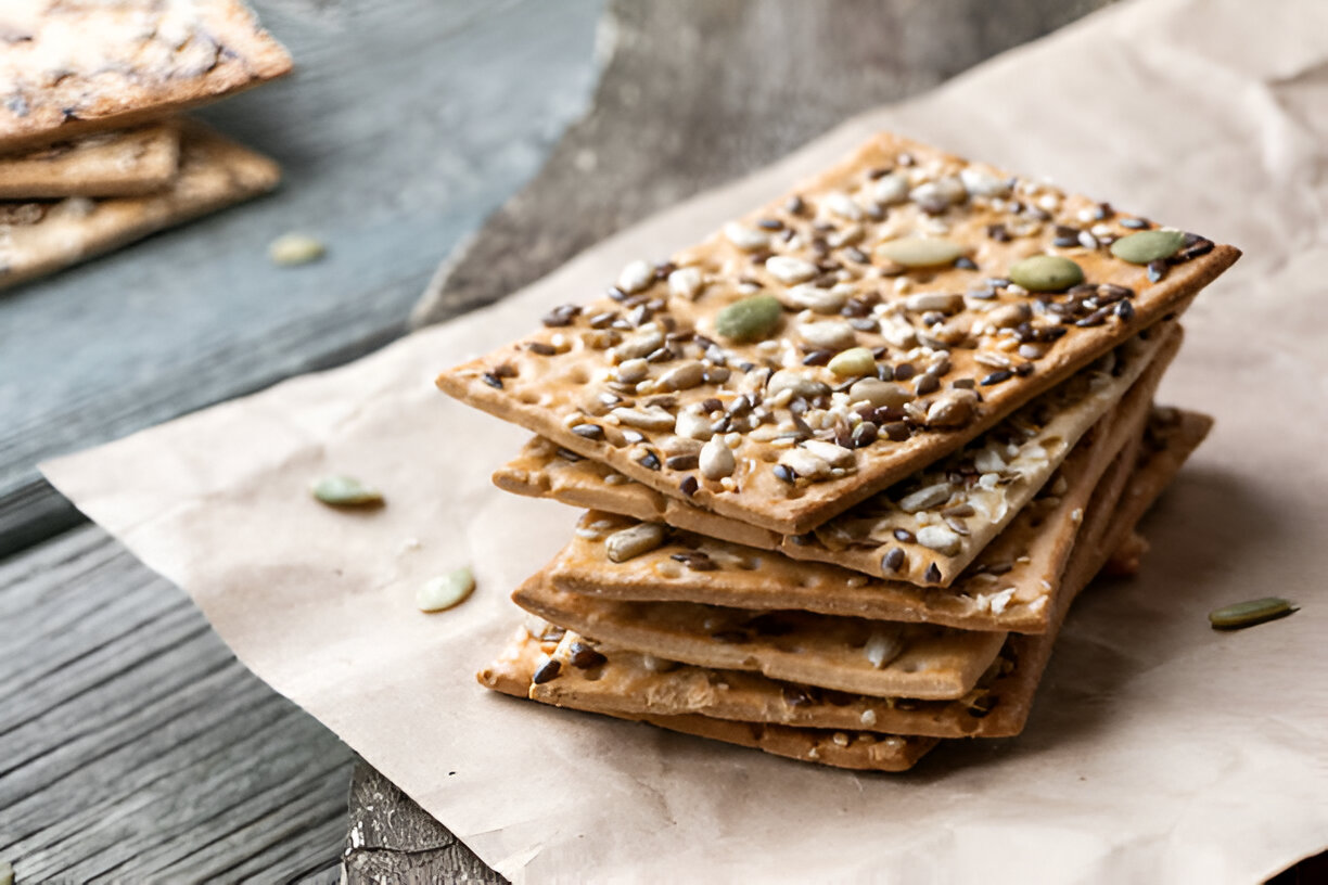 A stack of seed-crusted crackers resting on a sheet of parchment paper