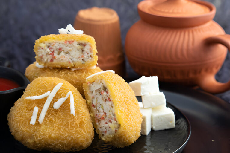 A plate of delicious stuffed sweets with an outer layer of golden fine strands, cut open to show the filling, alongside cubes of white cheese and a small bowl of dipping sauce.