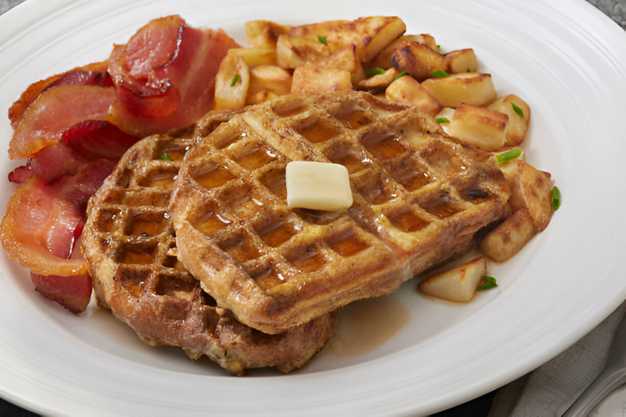 A plate of waffles topped with a pat of butter, served with crispy bacon and sautéed potatoes.