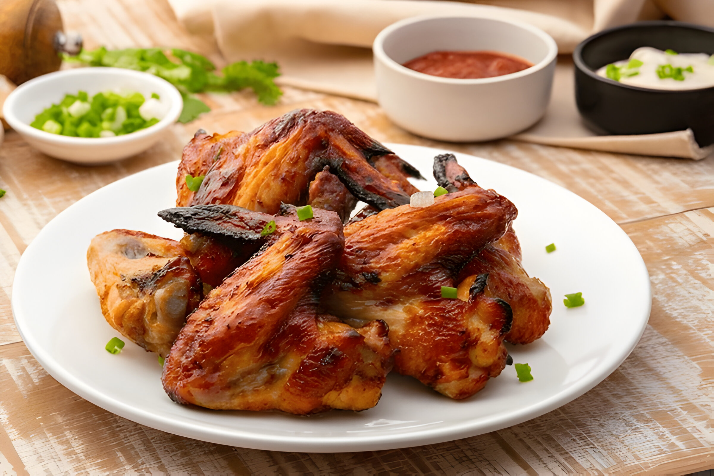 A plate of grilled chicken wings garnished with green onions, served with dipping sauces.