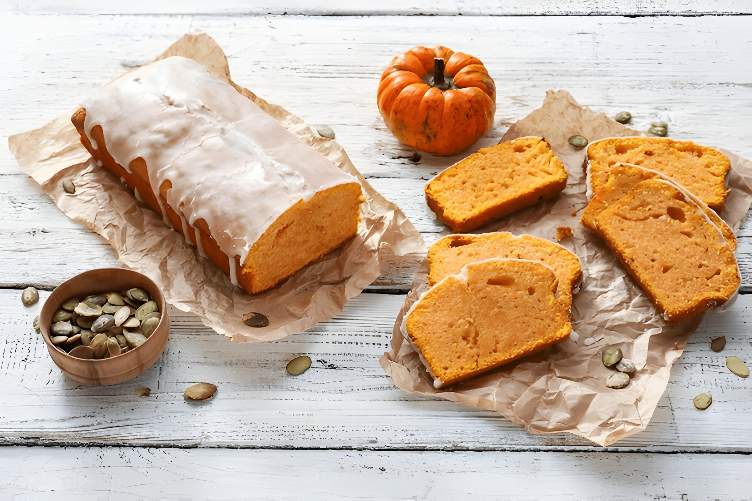 A loaf of pumpkin bread drizzled with icing, surrounded by slices of the bread, a small pumpkin, and pumpkin seeds on a rustic surface.