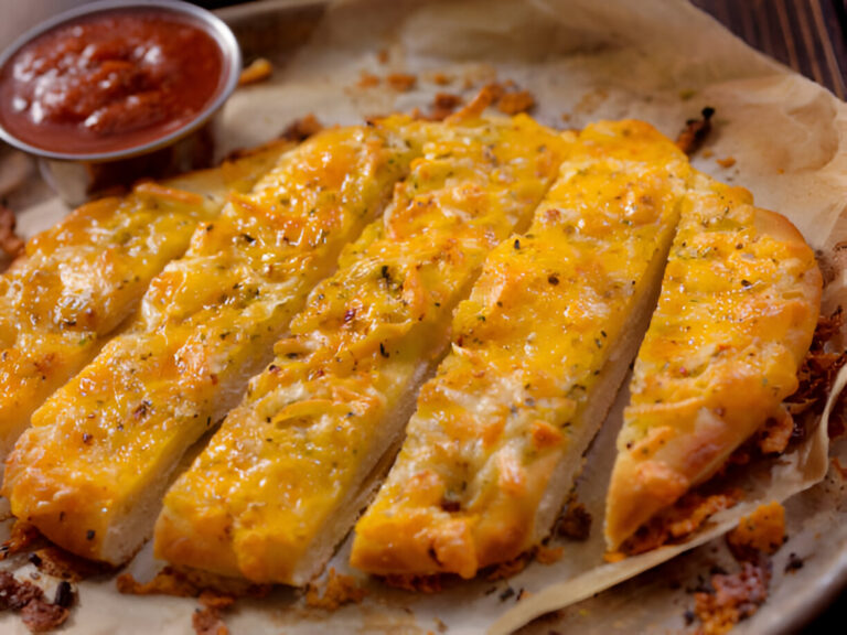 Cheesy breadsticks topped with melted cheese and herbs, served with marinara sauce.