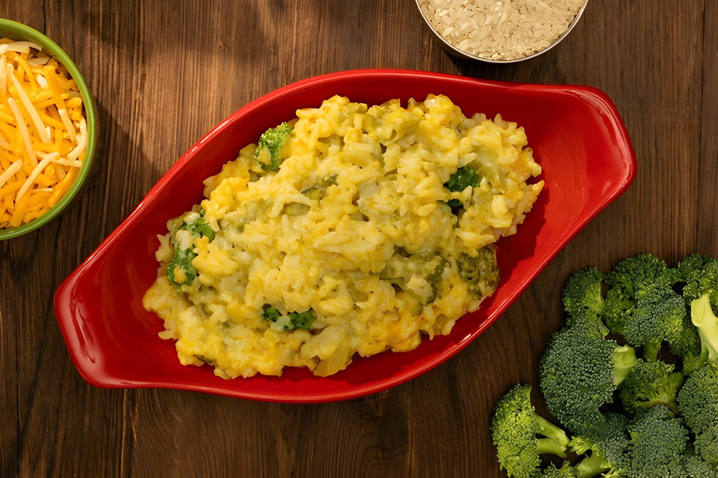 A red dish filled with creamy rice and broccoli topped with melted cheese, surrounded by fresh broccoli and a bowl of shredded cheese.