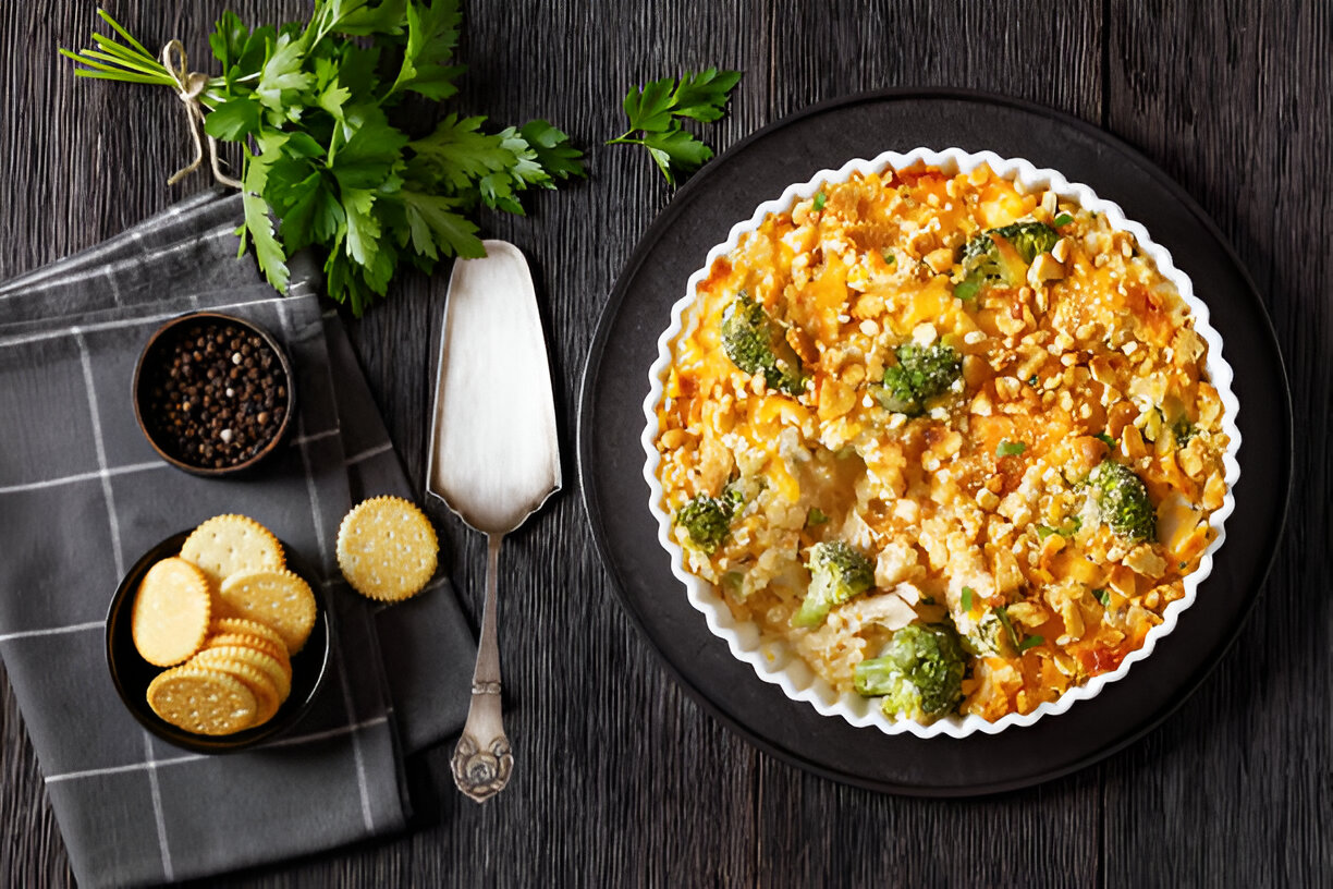 Baked broccoli casserole in a white dish on a black plate, surrounded by green parsley, crackers, and pepper in bowls.