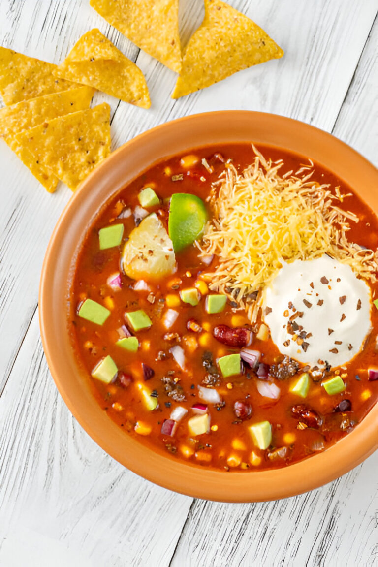 A vibrant bowl of spicy soup garnished with cheese, sour cream, and lime, accompanied by tortilla chips.