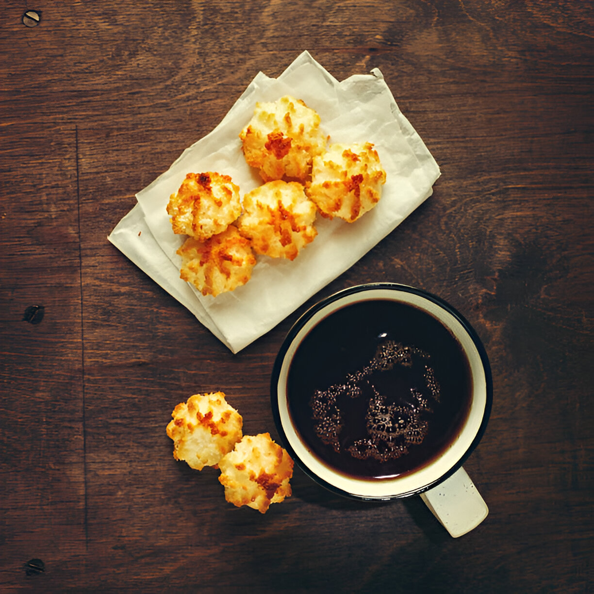 A top view of a black coffee cup beside several golden-brown snacks on a white napkin, all placed on a wooden table.