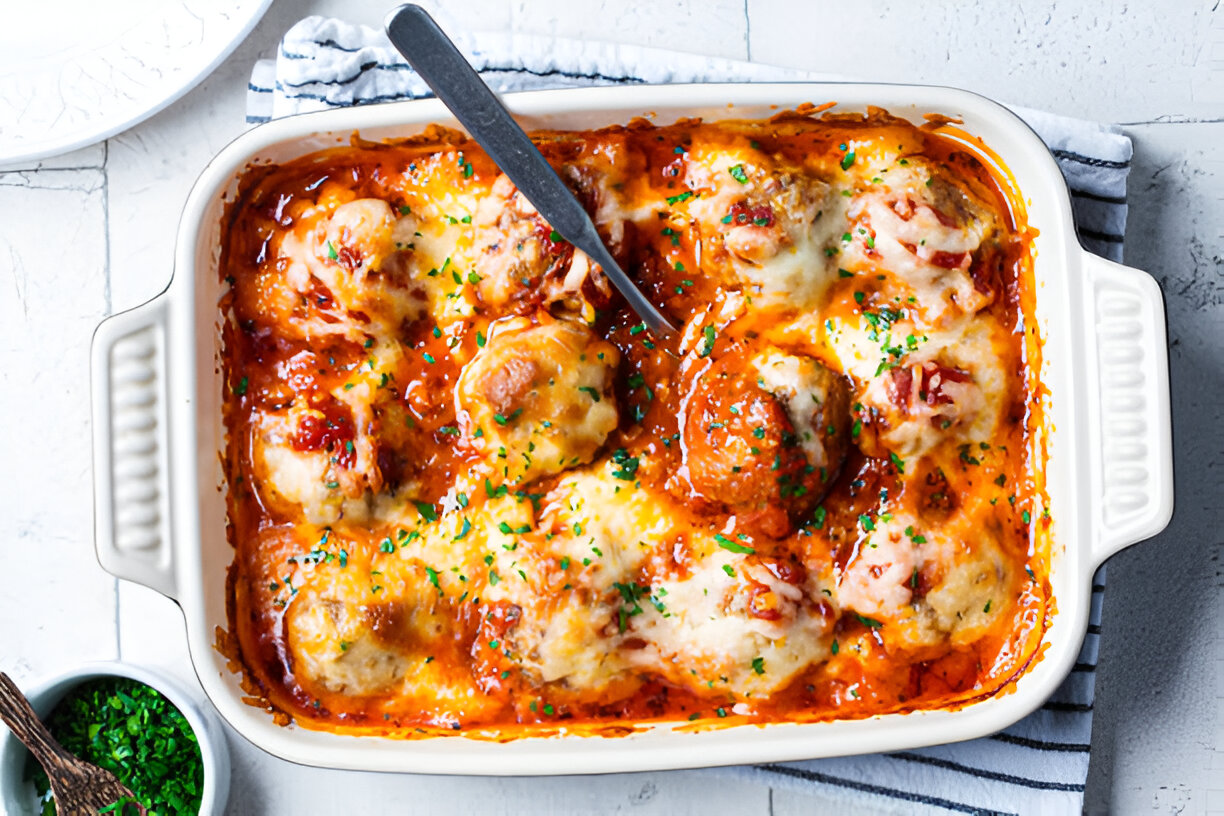 A casserole dish filled with cheesy meatballs in marinara sauce, garnished with green herbs.