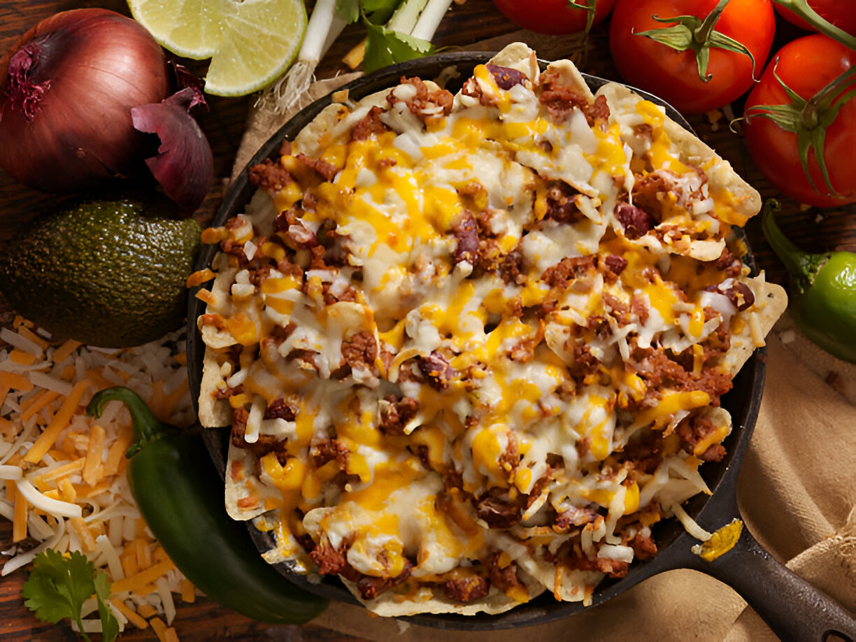 A hot skillet of nachos topped with melted cheese, beans, and garnished with fresh ingredients like lime, avocado, and tomatoes.