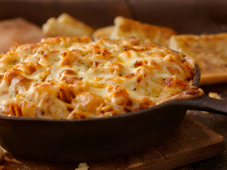 A cheesy baked pasta dish in a cast iron skillet with garlic bread in the background