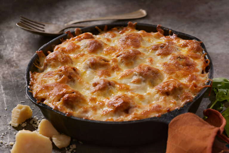 A freshly baked cheesy dish in a cast iron skillet, garnished with herbs, served on a textured surface.