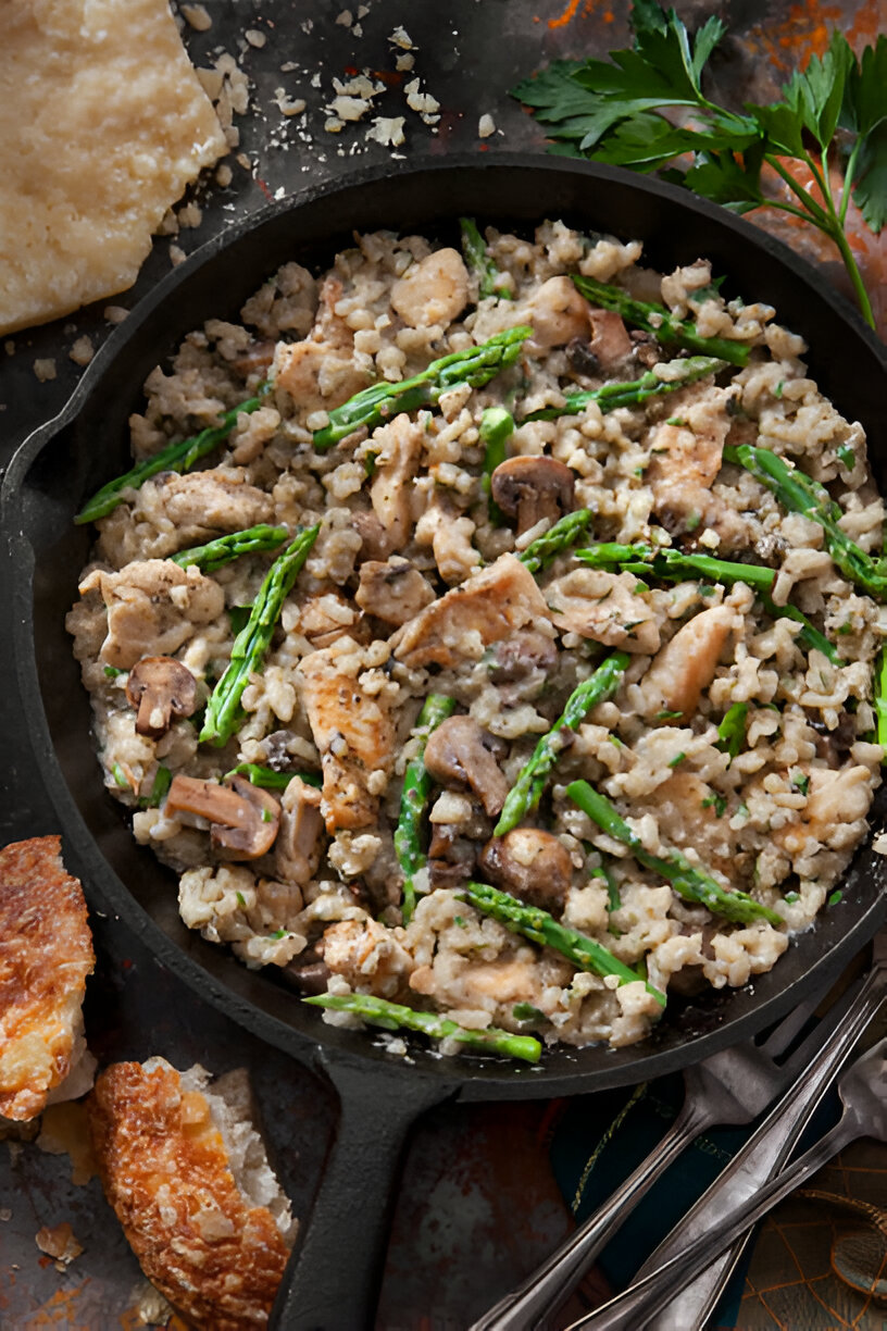 A cast iron skillet filled with creamy chicken and asparagus risotto, garnished with mushrooms and served with crispy bread.