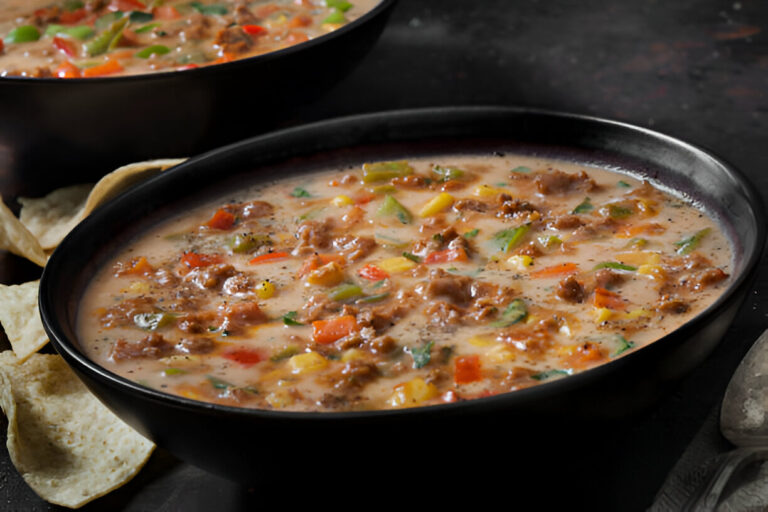 A close-up of a bowl of hearty soup filled with colorful vegetables and beef, accompanied by tortilla chips.