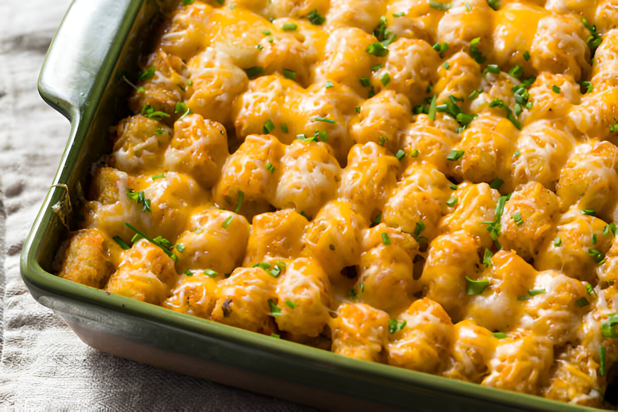 A cheesy tater tot casserole topped with green chives in a green baking dish.