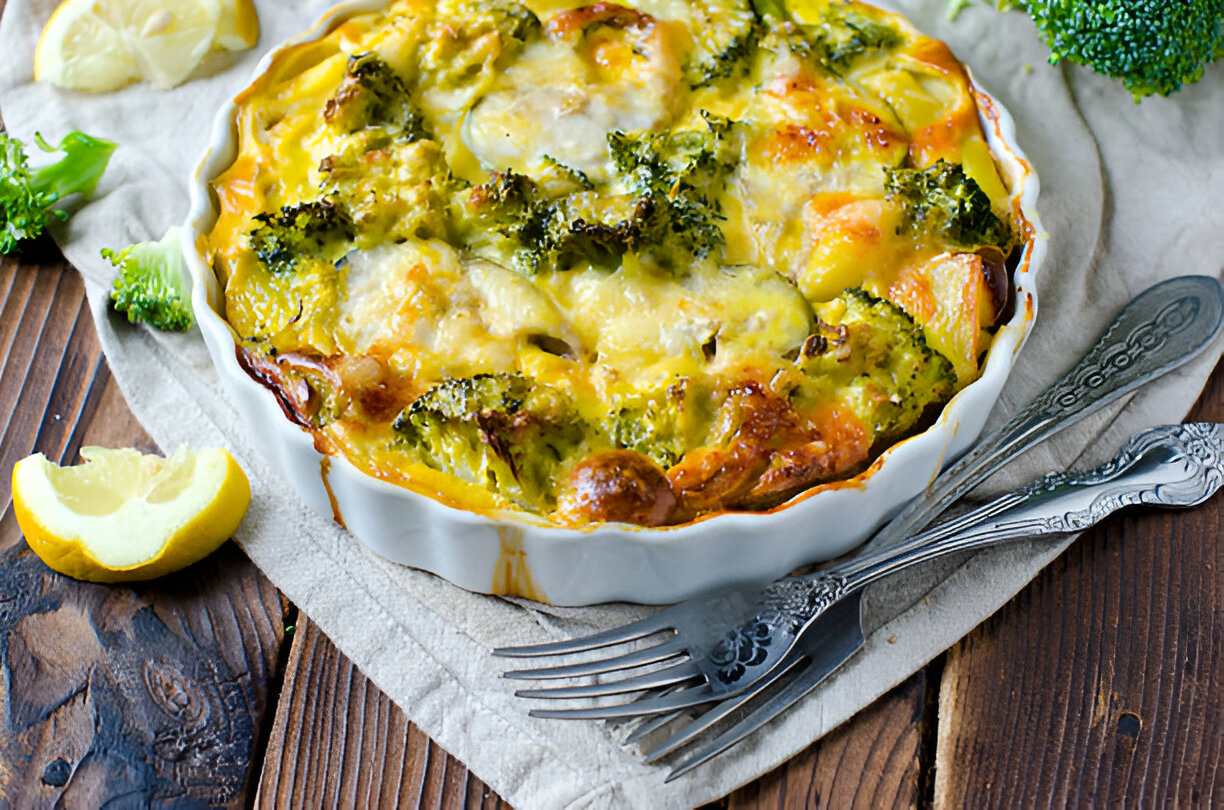 A freshly baked broccoli cheese casserole in a white dish, garnished with fresh broccoli and lemon slices on a wooden table.