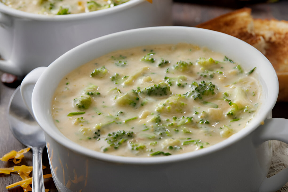 A creamy broccoli soup served in a white bowl with pieces of broccoli and herbs visible.