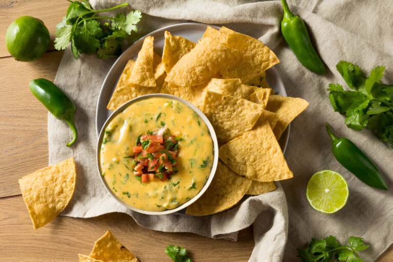 A bowl of cheesy dip topped with fresh tomatoes and cilantro, surrounded by golden tortilla chips and fresh lime and jalapeño peppers.