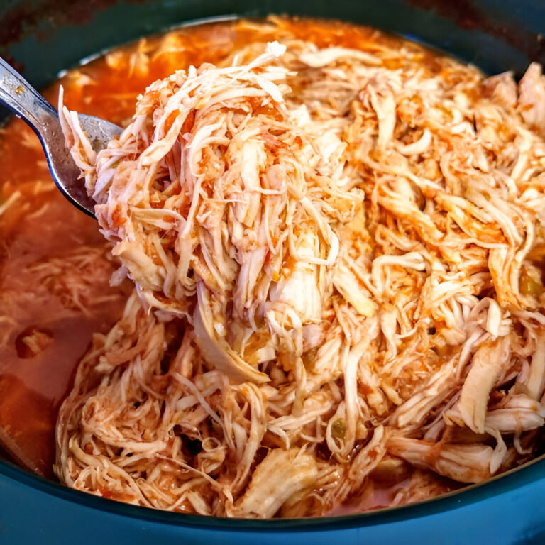 A spoon lifting shredded chicken from a pot of spicy broth.