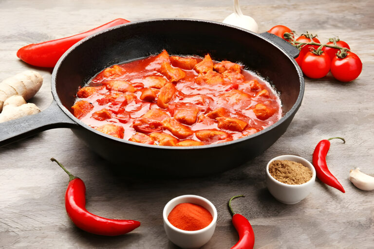 A cast iron skillet filled with a vibrant red tomato-based sauce and tender pieces of chicken, surrounded by red chili peppers, spices, and garlic.