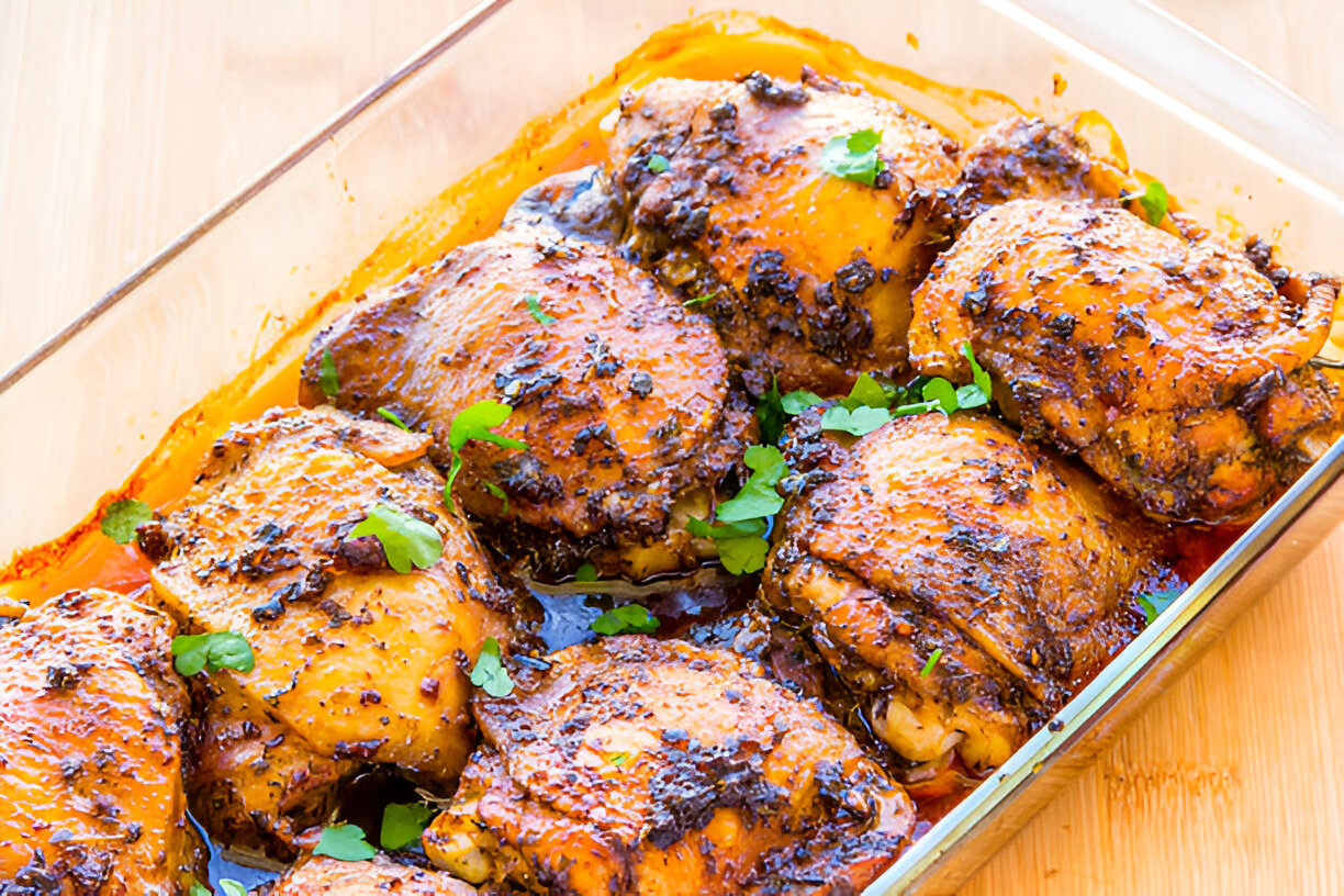A close-up view of perfectly baked chicken thighs garnished with fresh herbs in a glass dish.