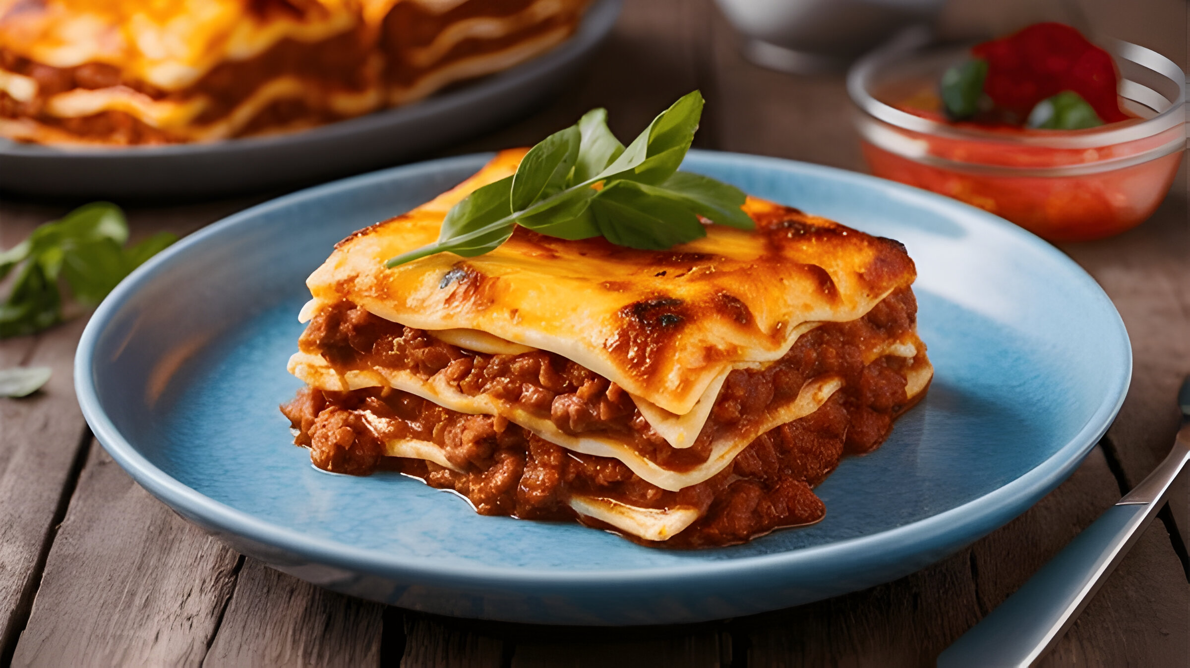 A delicious slice of lasagna topped with fresh basil on a blue plate, with additional ingredients in the background.