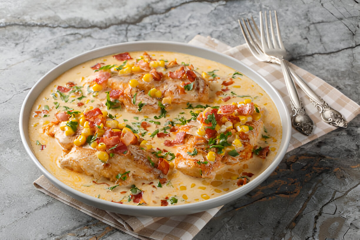 A creamy dish featuring fish fillets topped with corn, bacon bits, and fresh herbs, served on a light gray stone surface.