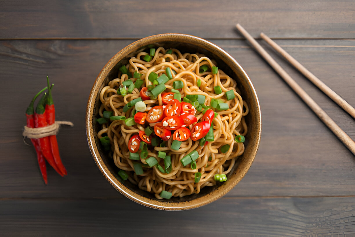 A bowl of noodles topped with green onions and sliced red chilies next to a bundle of chili peppers and chopsticks.