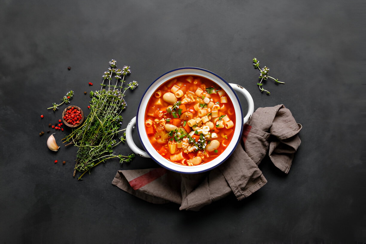 A bowl of colorful pasta soup surrounded by herbs and a garlic clove on a dark surface.