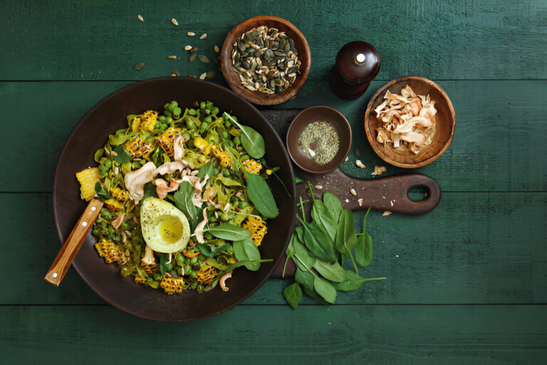 A vibrant salad featuring leafy greens, corn, nuts, and avocado on a dark plate, surrounded by wooden bowls of seeds and greens on a green wooden table.