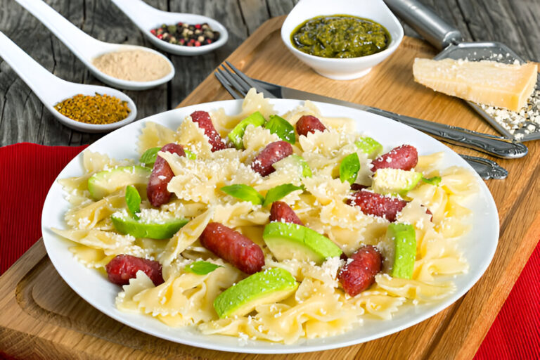A vibrant plate of pasta with green apple slices, sausage, and grated cheese, surrounded by an assortment of spices and a bowl of pesto.