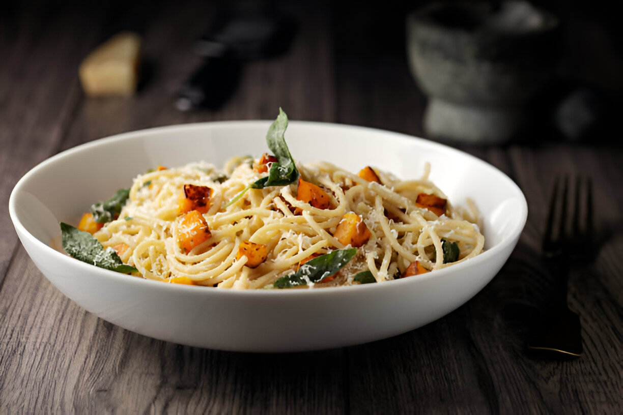 Plate of spaghetti with vegetables and cheese on a wooden table