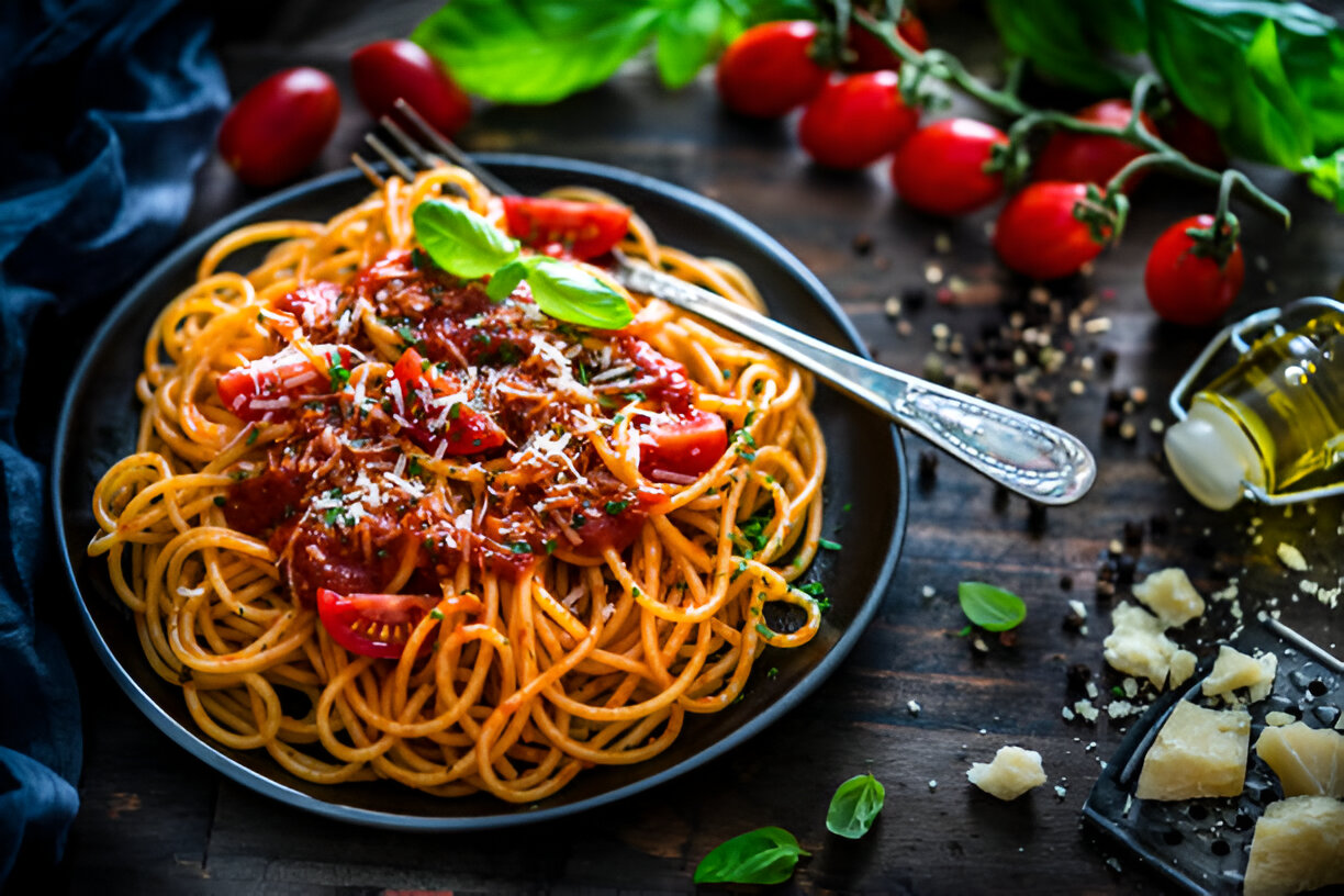 A plate of spaghetti topped with tomato sauce, fresh basil, and grated cheese
