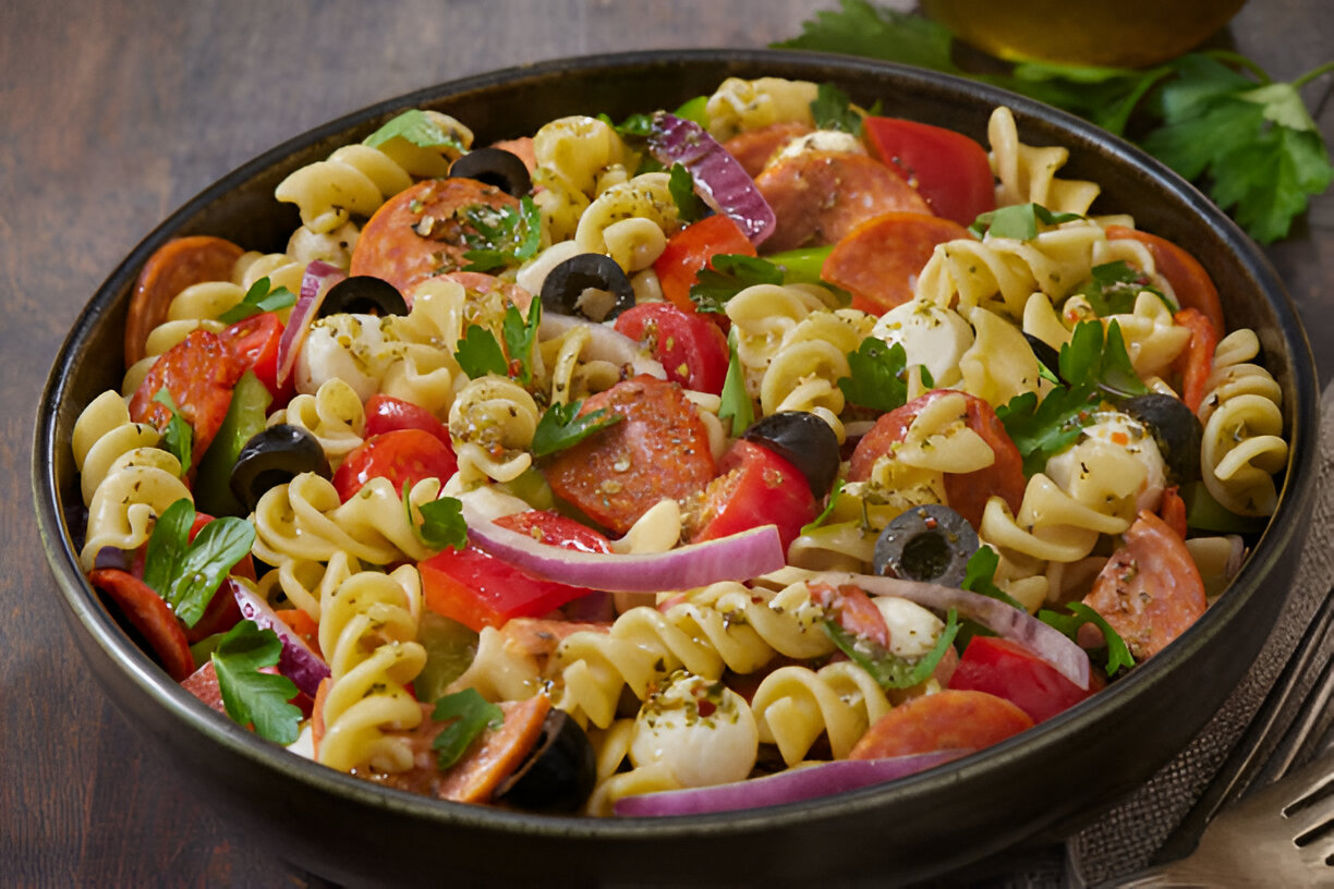A bowl of colorful pasta salad with rotini pasta, cherry tomatoes, olives, pepperoni, and fresh herbs.