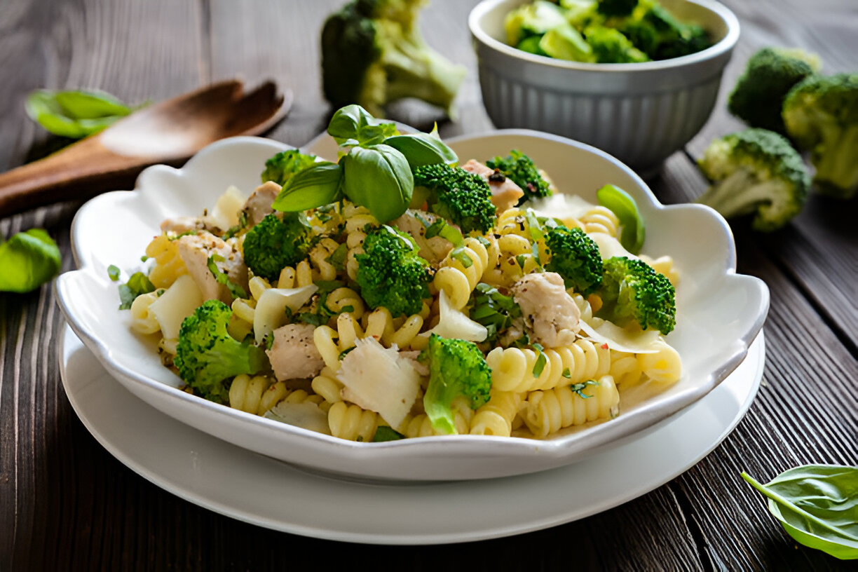 A delicious plate of pasta with broccoli and chicken, garnished with fresh basil leaves.