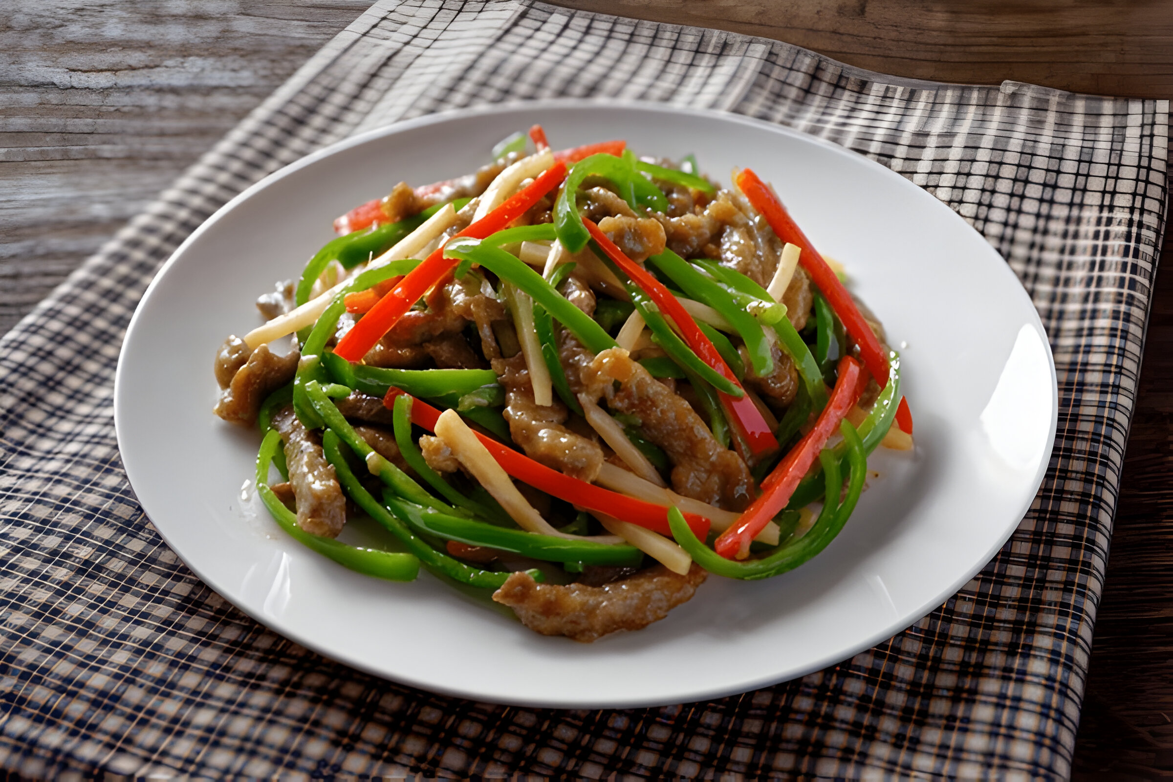 A plate of stir-fried green and red bell peppers with sliced meat, garnished with strips of ginger.