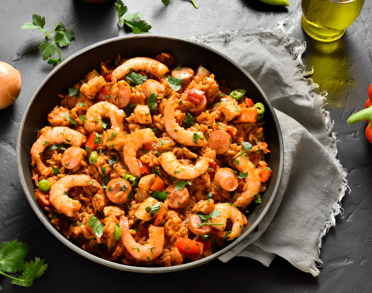 A bowl of shrimp and sausage rice dish garnished with herbs on a dark surface.
