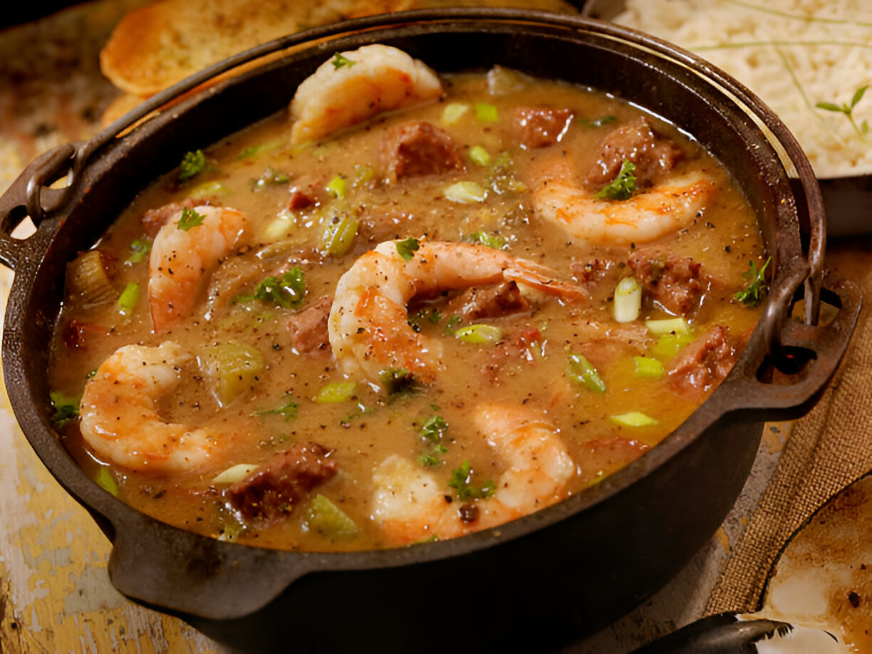 A pot of shrimp and sausage gumbo with green onions and parsley garnishing