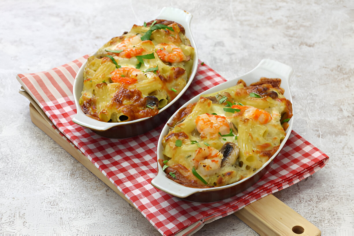Two dishes of baked pasta with shrimp and cheese on a checkered cloth.
