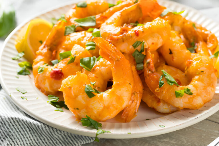 A plate of delicious grilled shrimp garnished with fresh herbs and lemon