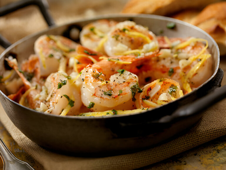 A skillet filled with shrimp cooked with herbs and lemon slices