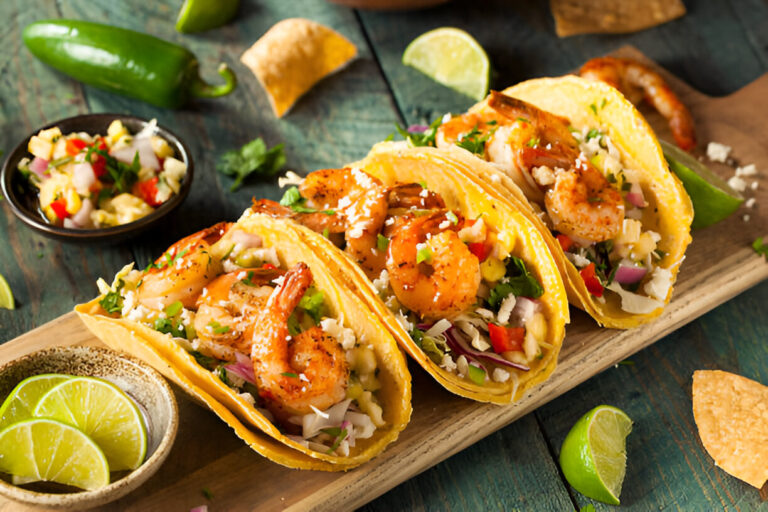 Three shrimp tacos filled with fresh ingredients, served on a wooden board with lime slices and salsa.