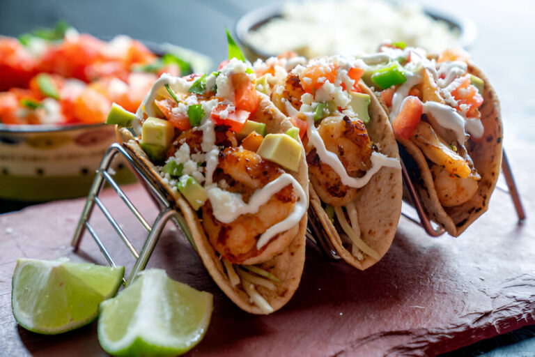 Three shrimp tacos garnished with fresh vegetables and sauce on a wooden surface with lime wedges.