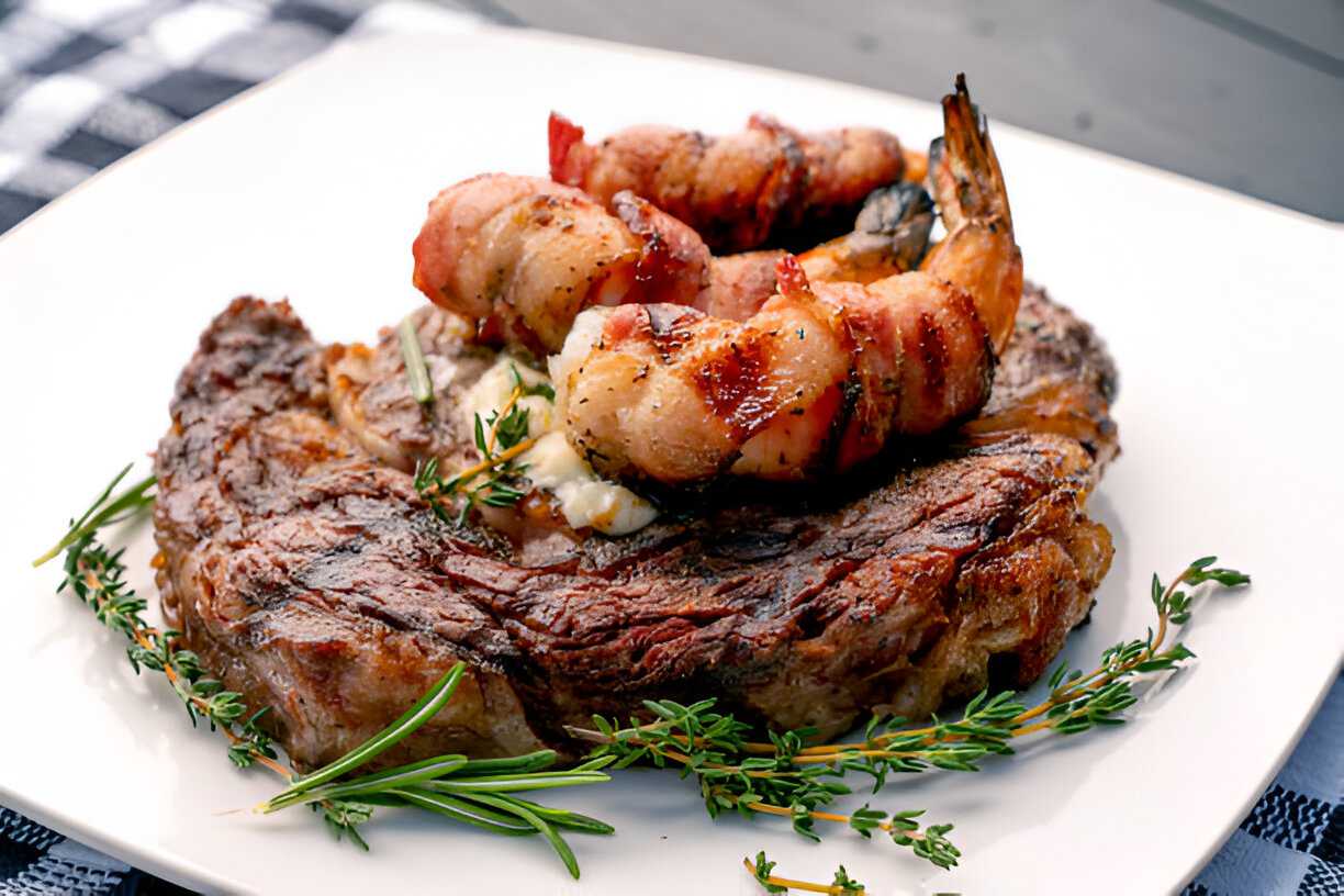 A delicious grilled steak topped with bacon-wrapped shrimp and garnished with fresh herbs.