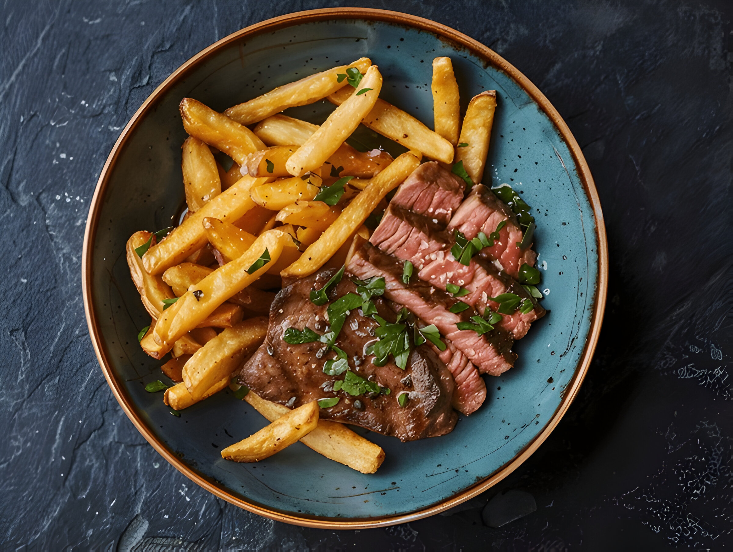 A plate of steak with fries, garnished with chopped herbs, on a textured dark background.