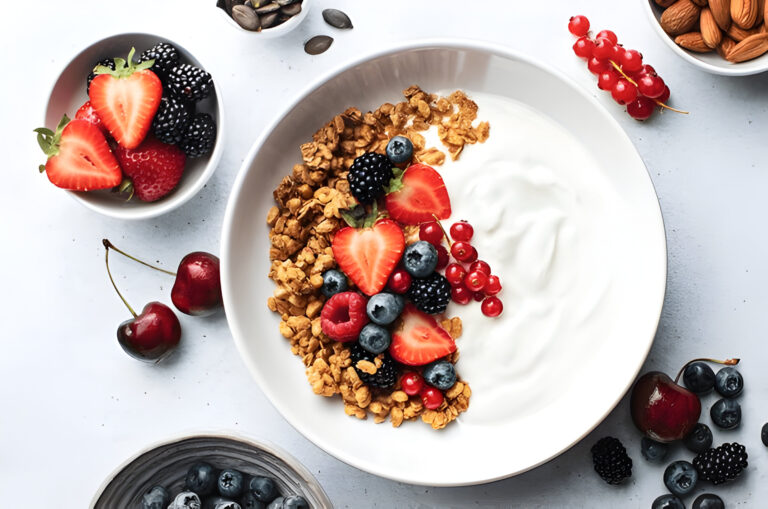 A delicious bowl of yogurt topped with granola, strawberries, blueberries, raspberries, blackberries, and red currants, surrounded by fresh cherries and almonds.