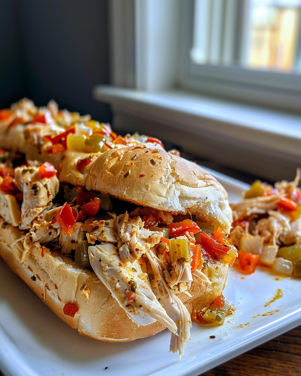 Ingredients for chicken giardiniera sandwich in crockpot