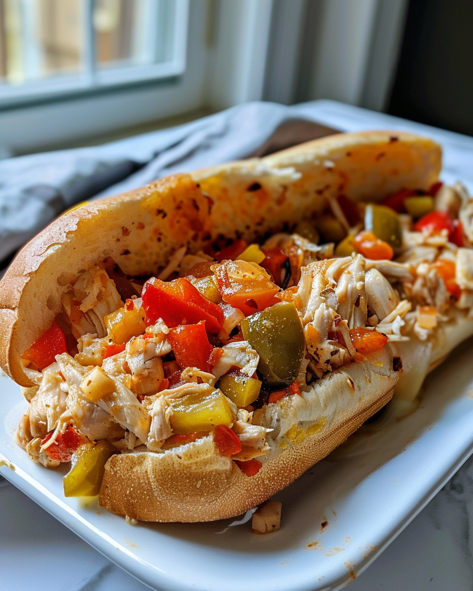 Final crockpot chicken giardiniera sandwiches ready to serve